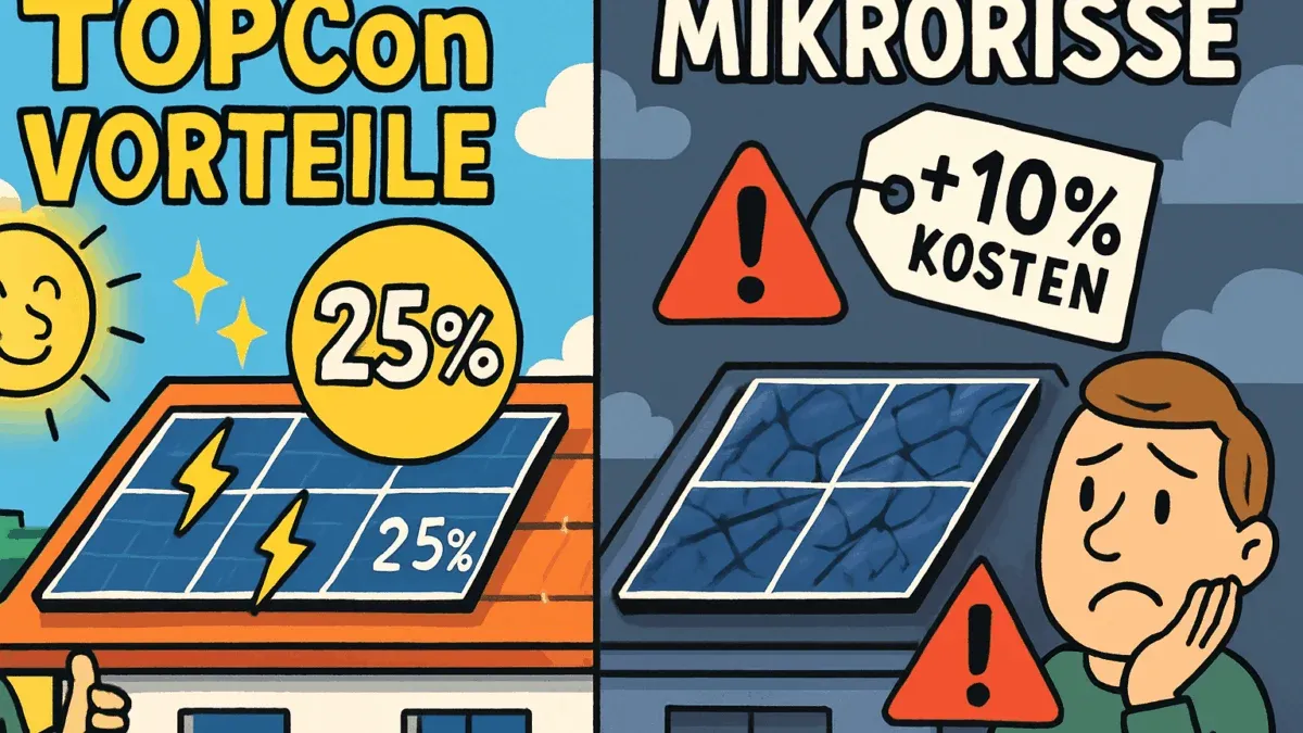 Gegenüberstellung von TOPCon Solarzellen: links intakte, effiziente Module und rechts Module mit sichtbaren Mikrorissen als Symbol für das Risiko